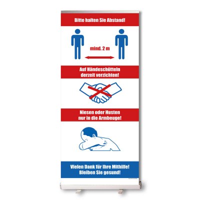 Bannerdisplay Roll-Up inkl. Banner Hygiene hinweise, Bannermaß: 850x2.100mm mit Klemmleiste oben - unten geklebt - Roll-Up Schutz Bannerdisplay Roll-Up inkl. Banner Hygiene hinweise, Bannermaß: 850x2.100mm mit Klemmleiste oben - unten geklebt - Roll-Up Schutz