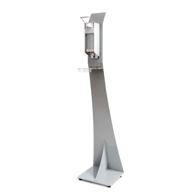 Desinfektionsspender-Display mit Pumpspender Spenderpumpe mit Armhebel Grundgestell pulverbeschichtet in RAL 9006 weißaluminium - Pumpspender Detail Desinfektionsspender-Display mit Pumpspender Spenderpumpe mit Armhebel Grundgestell pulverbeschichtet in RAL 9006 weißaluminium - Pumpspender Detail