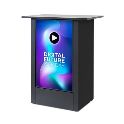 Digital Signage Promotiontheke Futuro 32" schwarz für den Inneneinsatz - Größe: 32 Zoll - 4K UHD Farbe: schwarz, mobil und zerlegbar - Digital Signage Promotiontheke Futuro 32 Zoll Ansicht swz