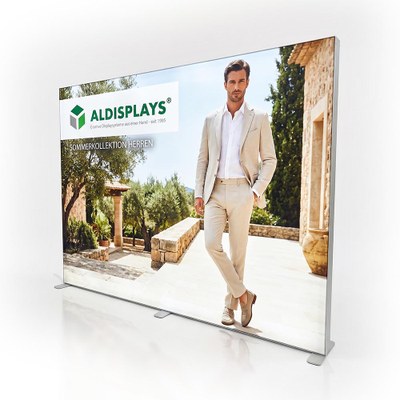 No-Frame Textilspannrahmen LED Mobil XL Beidseitig - Format: 3.000 x 2.400 mm Silberner, zerlegbarer Aluminiumrahmen - No-Frame Textilspannrahmen LED Mobil XL Beidseitig Ansicht Neu