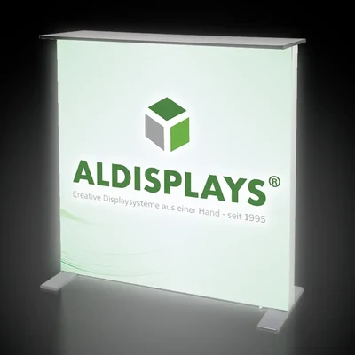 Promotiontheke No-Frame LED Fold Format: 1.000 (B) x 1.025 (H) x 400 (T) cm silberner faltbarer LED Rahmen mit schwarzer - Promotiontheke No-Frame LED Fold Seite.webp