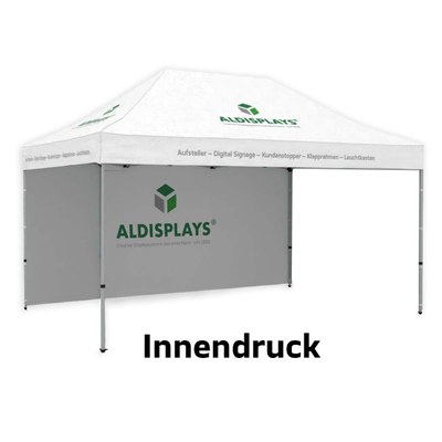 Promotionzelt Seitenwand 4,5m Innendruck Bedruckte Seitenwand (B1 mit versiegelten Nähten) mit seitlichen Reissverschlüssen und Klettstreifen, - Promotionzelt 4,5 x 3 Seite Innen