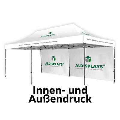 Promotionzelt Seitenwand 6m beidseitig Bedruckte Seitenwand (B1 mit versiegelten Nähten) mit seitlichen Reissverschlüssen und Klettstreifen, - Promotionzelt 6 x 3m Seite innen und Aussen